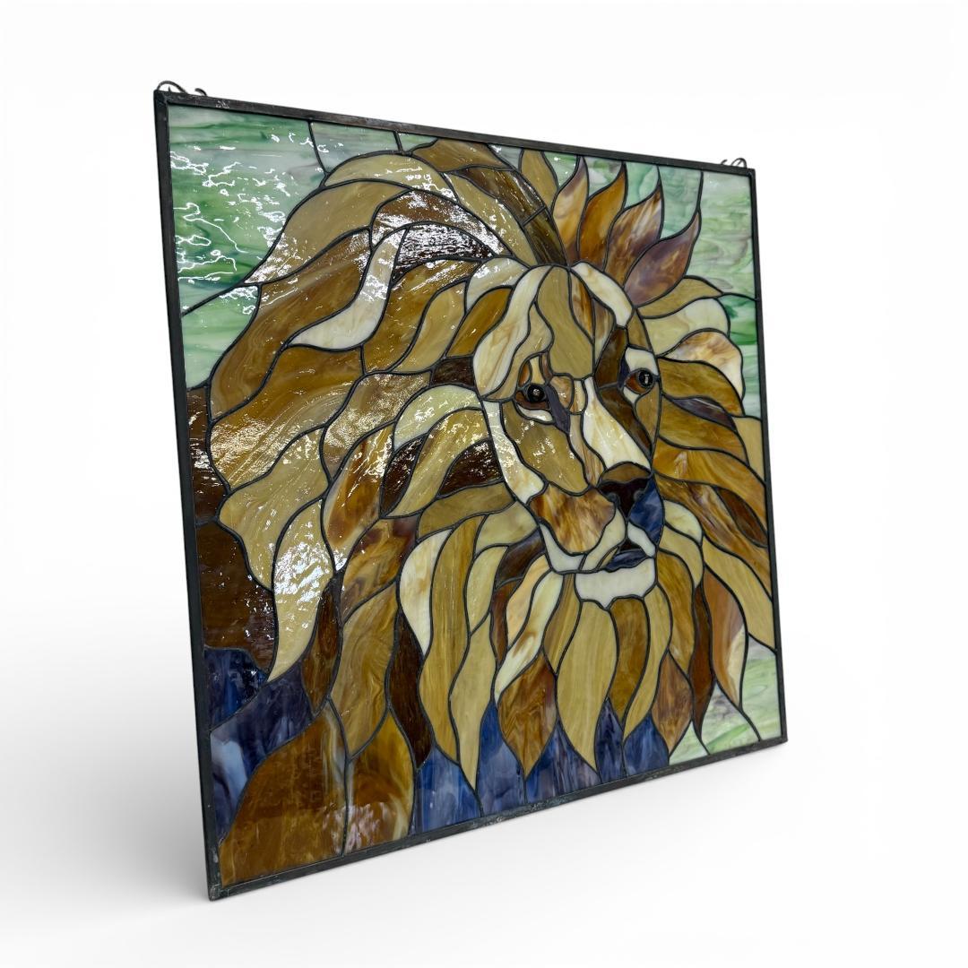 特大54cm ヴィンテージ ステンドグラス ライオン パネル 縁起物 風水