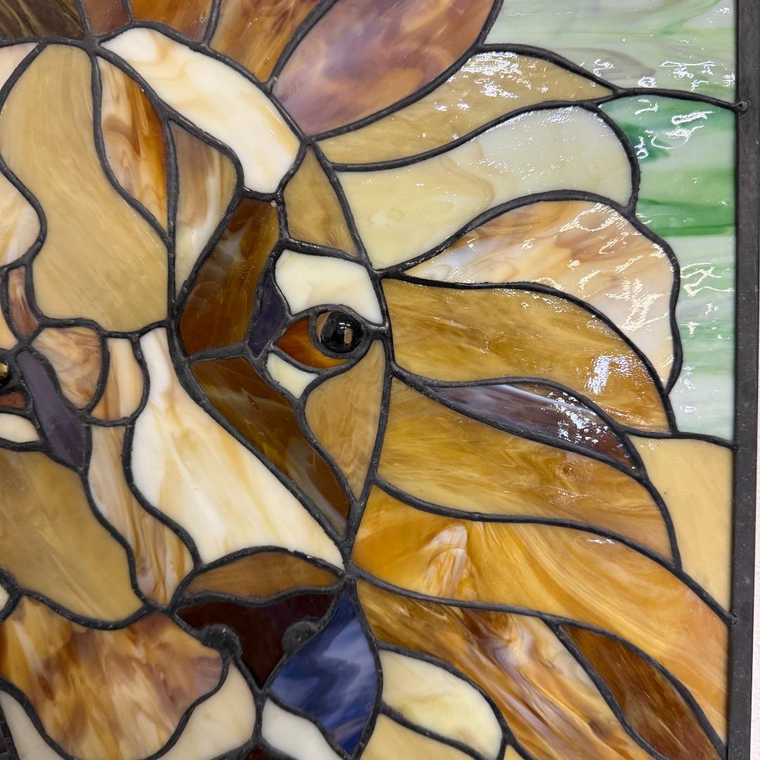 特大54cm ヴィンテージ ステンドグラス ライオン パネル 縁起物 風水