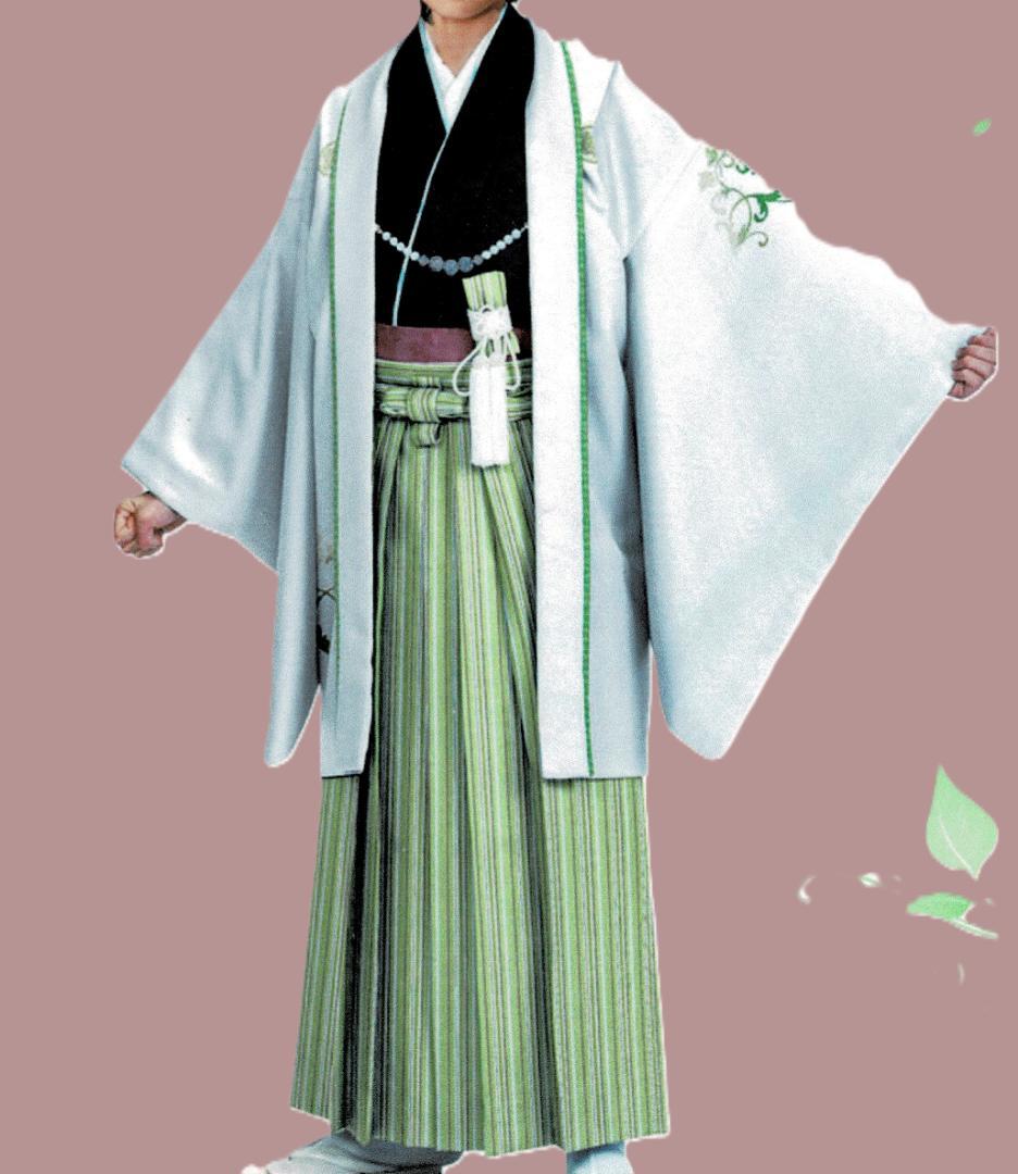 卒業袴小学生男の子　羽織　着物　袴　７点セット【緑縞袴】