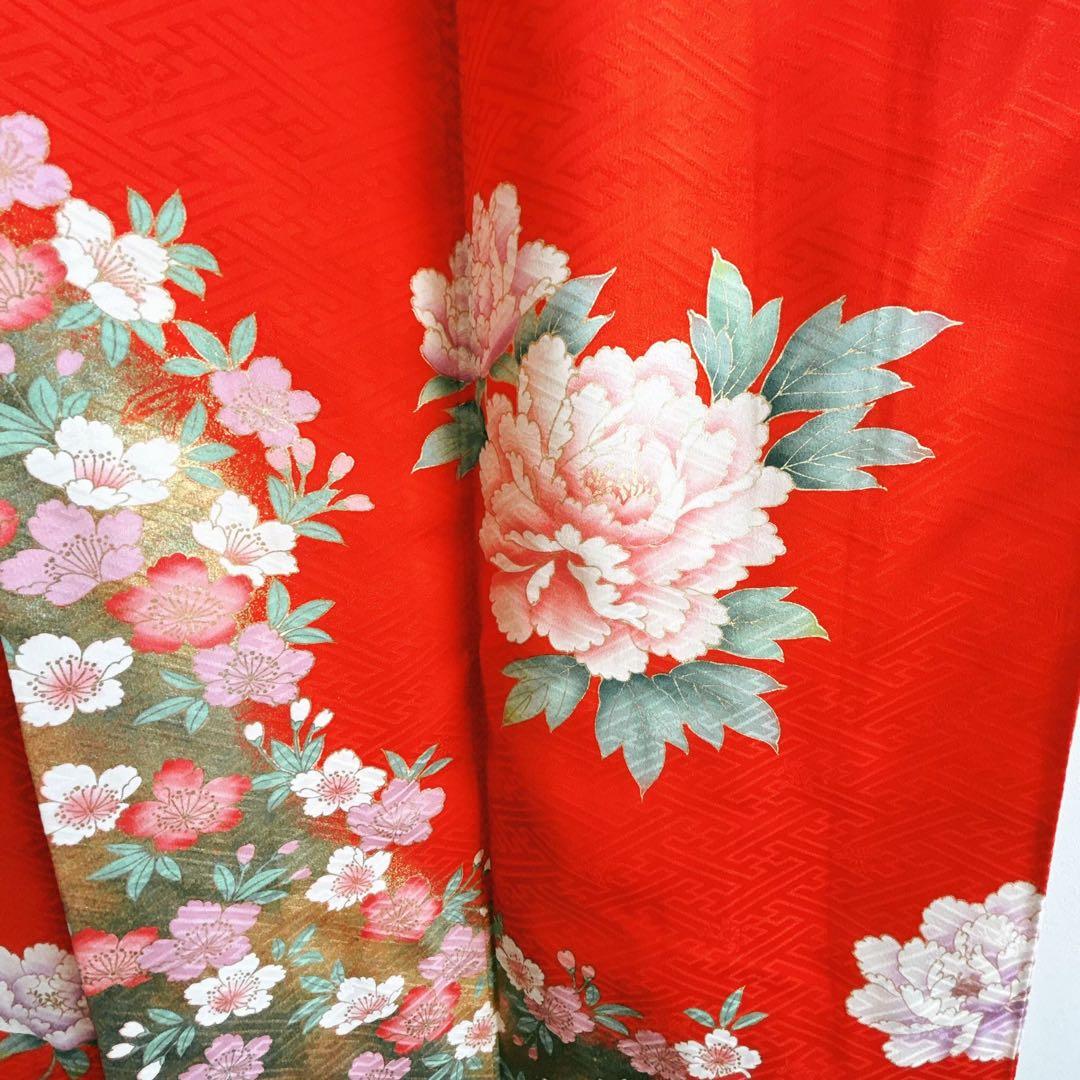 フルセット 七五三 7歳女の子長着＆長襦袢＆帯＆小物　赤　地紋　紗綾形　牡丹　桜