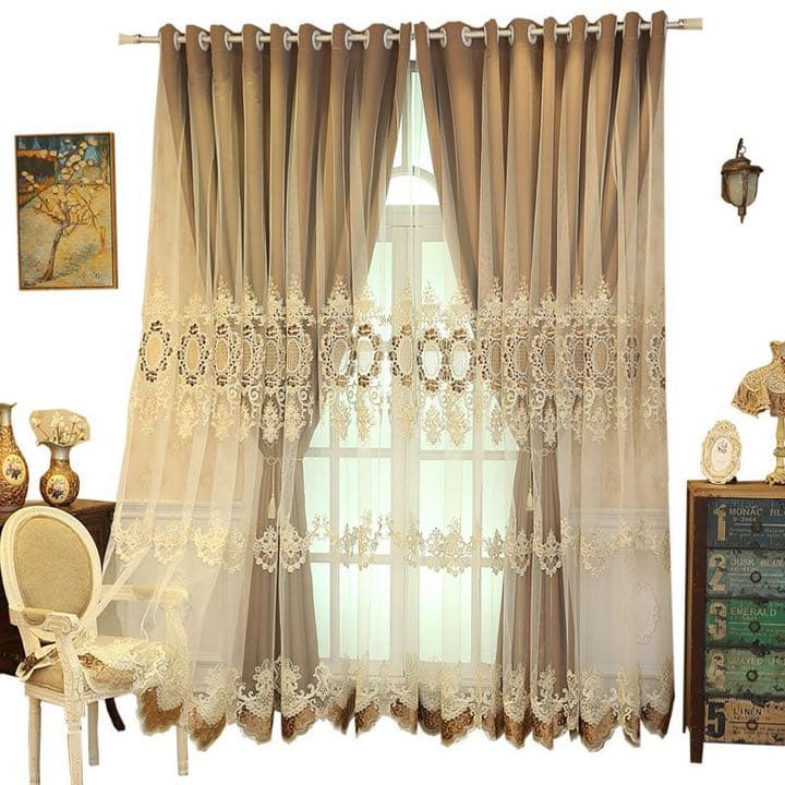 二層一体カーテン　刺繍　レール用　遮光カーテン　レーズカーテン