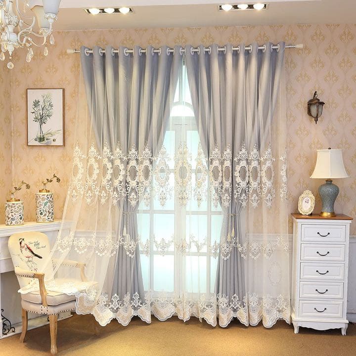 二層一体カーテン　刺繍　レール用　遮光カーテン　レーズカーテン