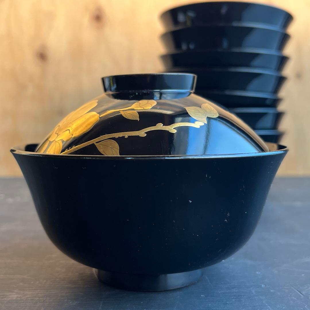 木製漆器 千鳥 金蒔絵 盛金 吸物椀 八客 黒塗 椿 時代