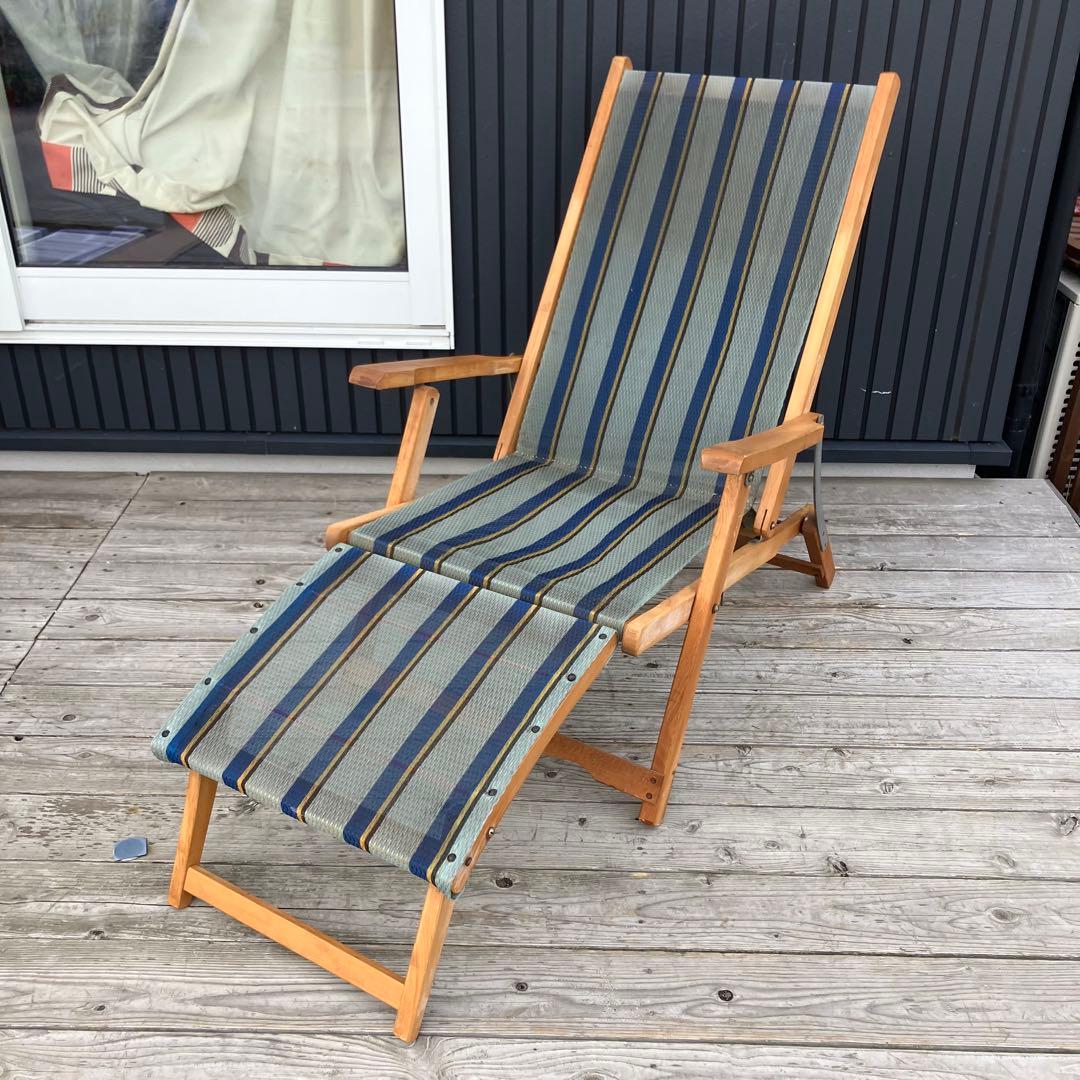 昭和レトロ 木製フレーム リクライニングチェア アウトドアチェア 折りたたみ式