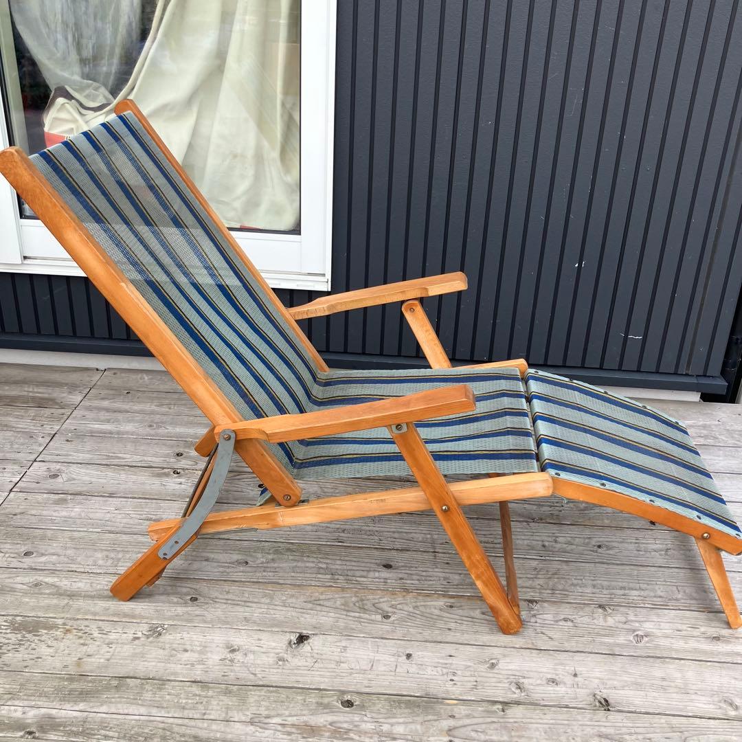 昭和レトロ 木製フレーム リクライニングチェア アウトドアチェア 折りたたみ式