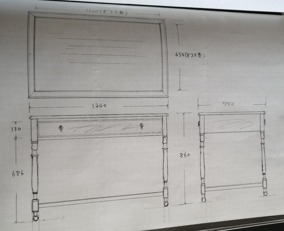アンティーク風無垢テーブル　ガラス天板　ショーケース　引き出し　オーダーメイド