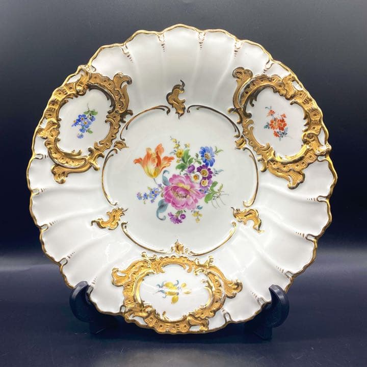 マイセン　Bフォーム　グランツゴールド　金彩　フラワー　プレート　飾り皿