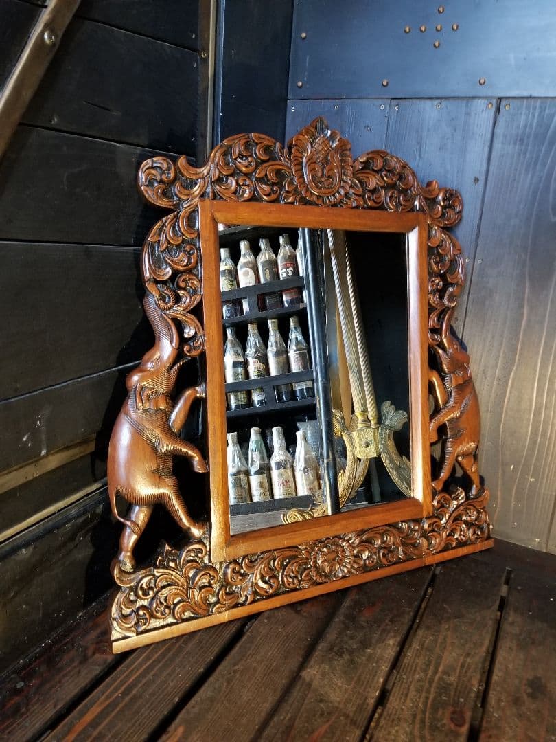 アンティーク　オールド　チーク　透かし彫り　細工　アカンサス　模様　ミラー　鏡