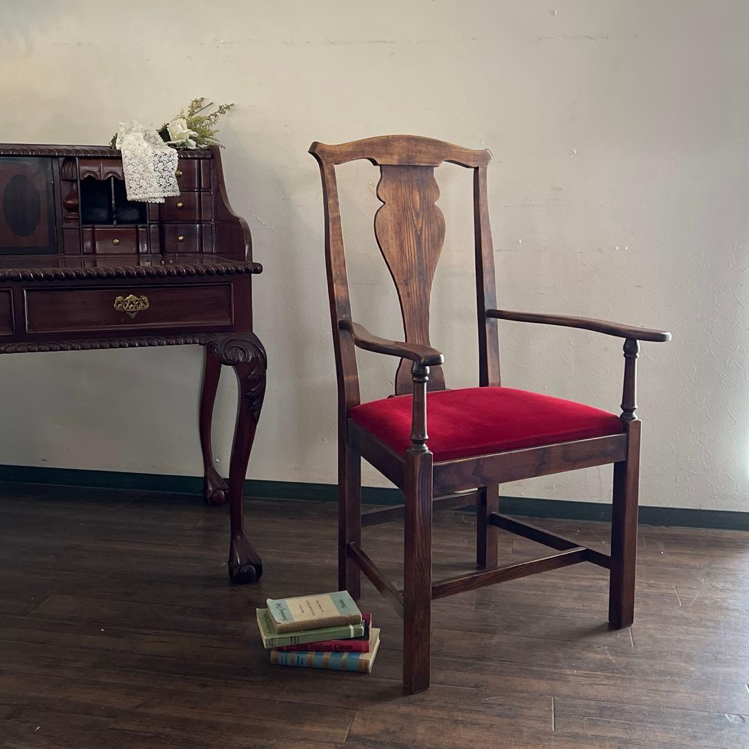 k240r124 英国調 赤いベロア座面のアンティークチェア アームチェア 1脚
