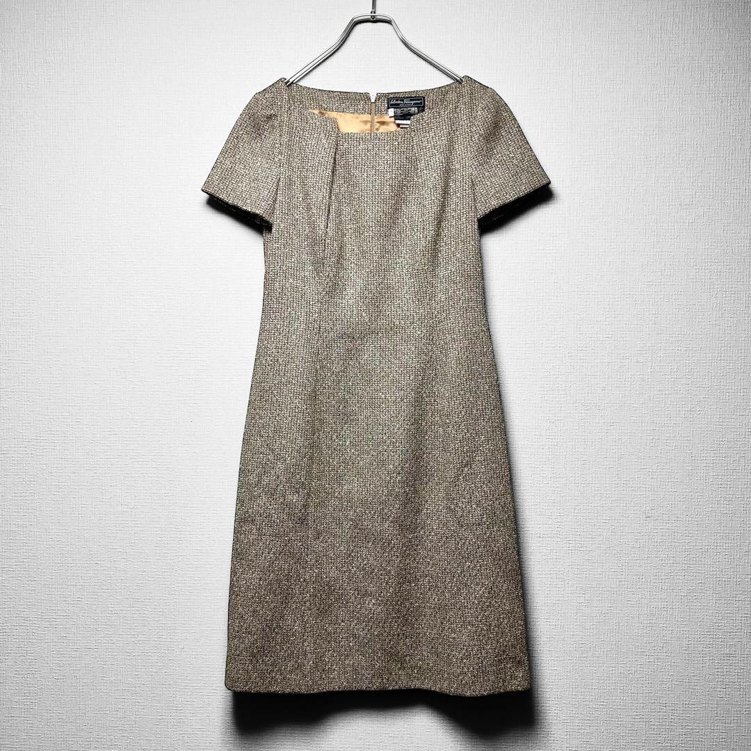 【美品】サルヴァトーレフェラガモ ツイード ドレスワンピース タック 半袖 42