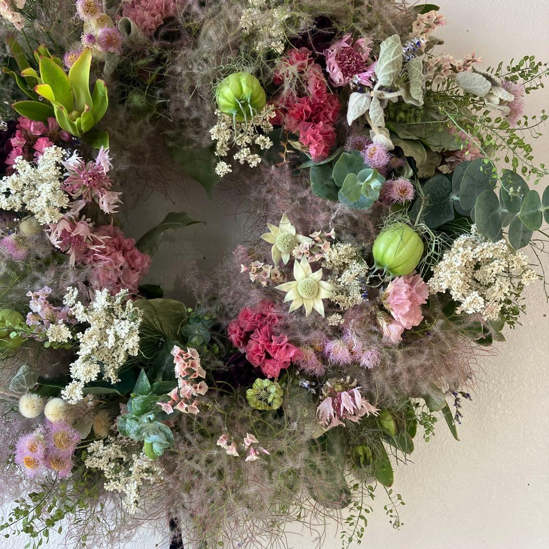 スモーキーピンクなスモークツリー のリース29㎝リューカデンドロン　スターチス