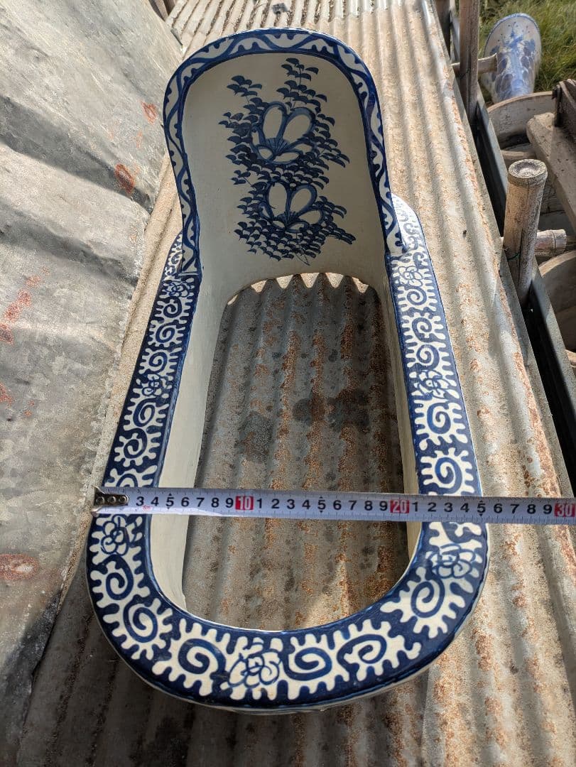 【交渉中】古便器　小便器　セット　青と白の花柄　古道具　アンティーク　伊万里焼
