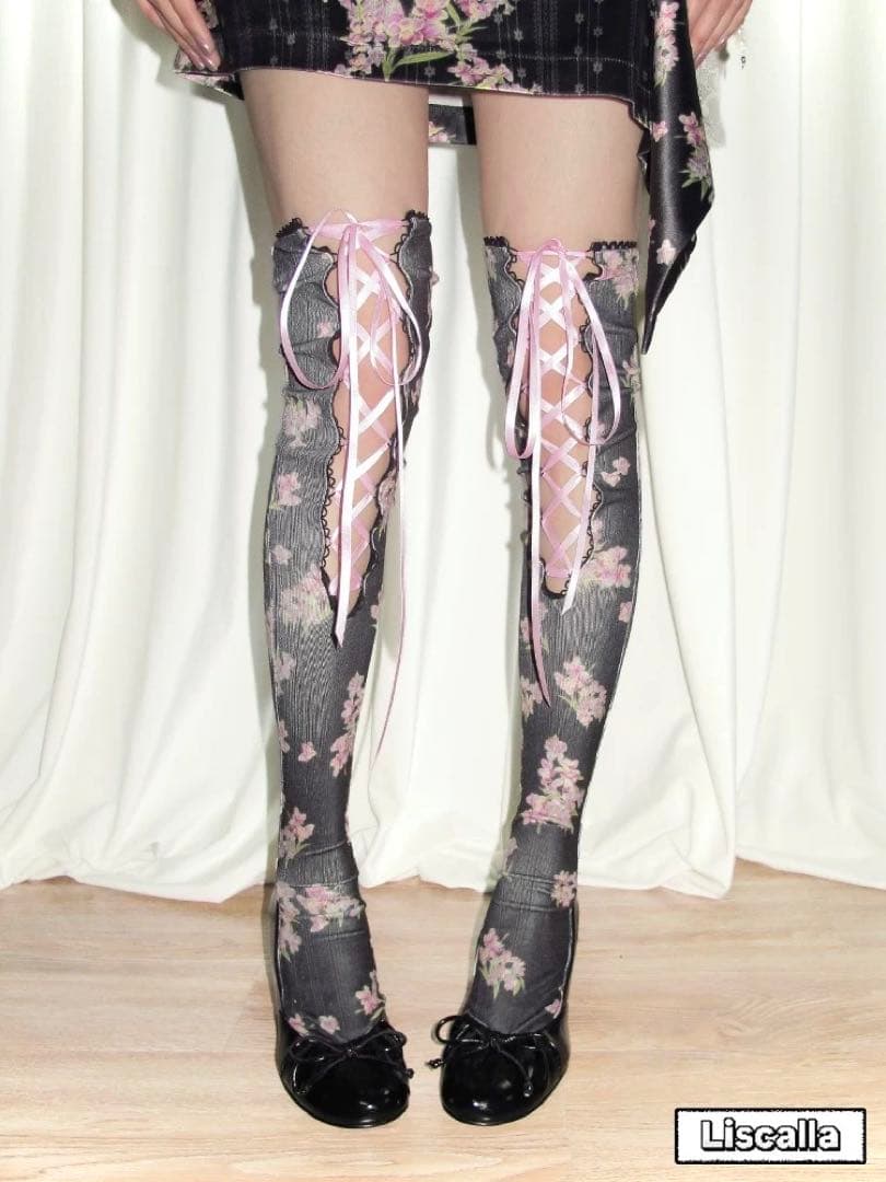 即日発送LIS CALLA｜“My Diary”花柄リボンソックス（ブラック）