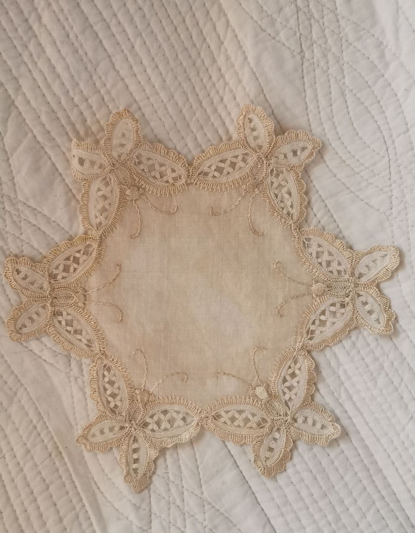 アンティーク シルク イタリア/イギリス 美しいバタフライ刺繍 星花型ドイリー