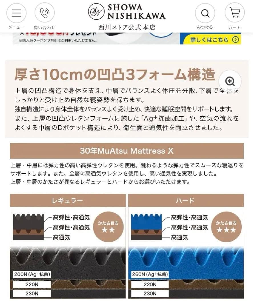 西川　30年ムアツ　X レギュラー　マットレス