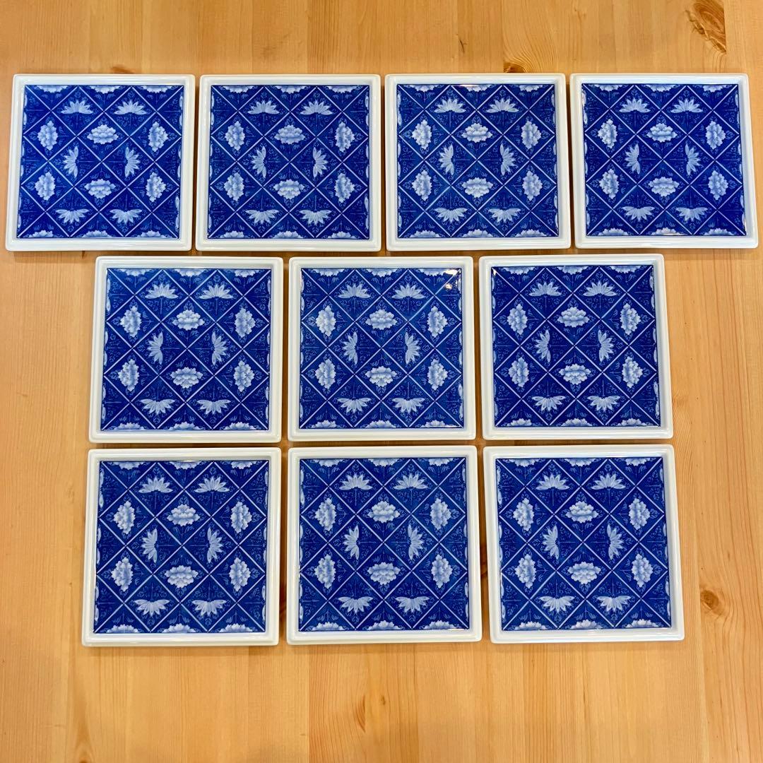 A2G29■オールド香蘭社 染付格子菊牡丹絵 角切方皿10枚 取り皿 銘々皿