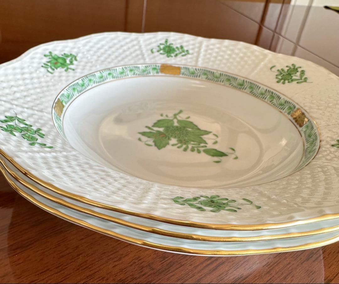 新品 ヘレンド　アポニーグリーン　中皿　スーププレート　約20.5cm ３枚