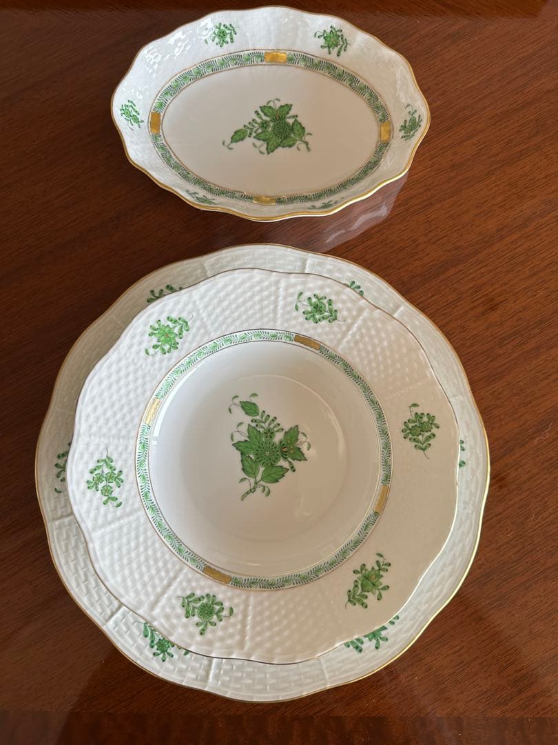 新品 ヘレンド　アポニーグリーン　中皿　スーププレート　約20.5cm ３枚