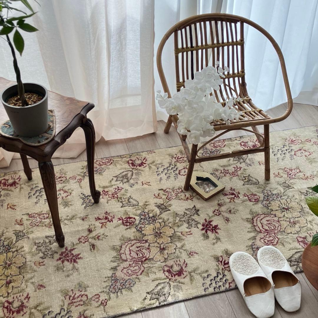 3m超レッドローズ77.5×322くすみイエローランナー　トルコヴィンテージラグ