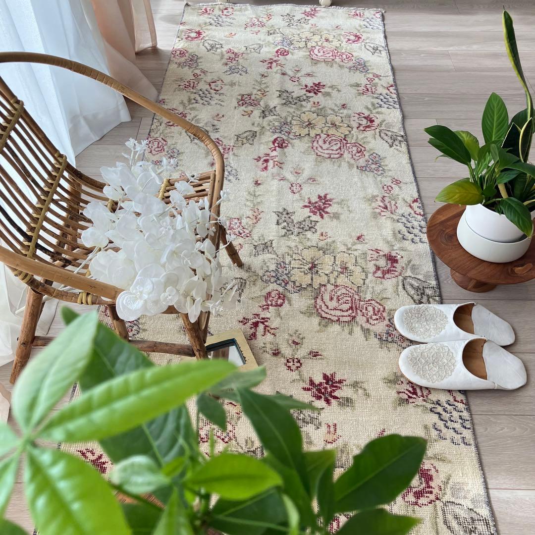 3m超レッドローズ77.5×322くすみイエローランナー　トルコヴィンテージラグ