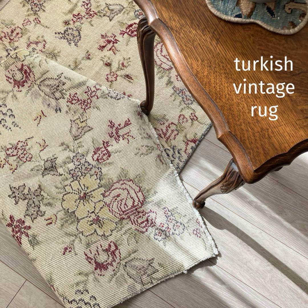 3m超レッドローズ77.5×322くすみイエローランナー　トルコヴィンテージラグ