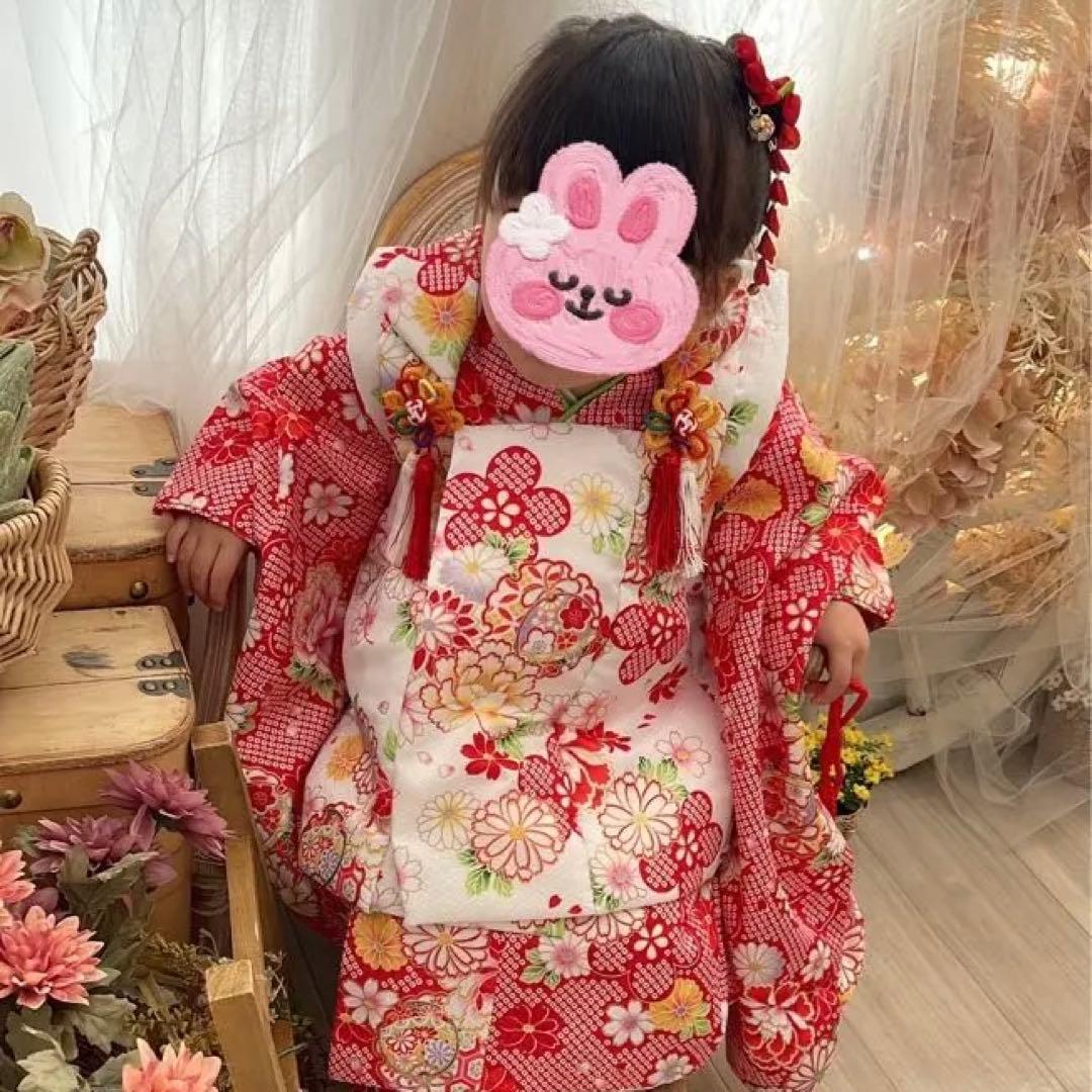 七五三 3歳　被布着物　フルセット 赤花柄