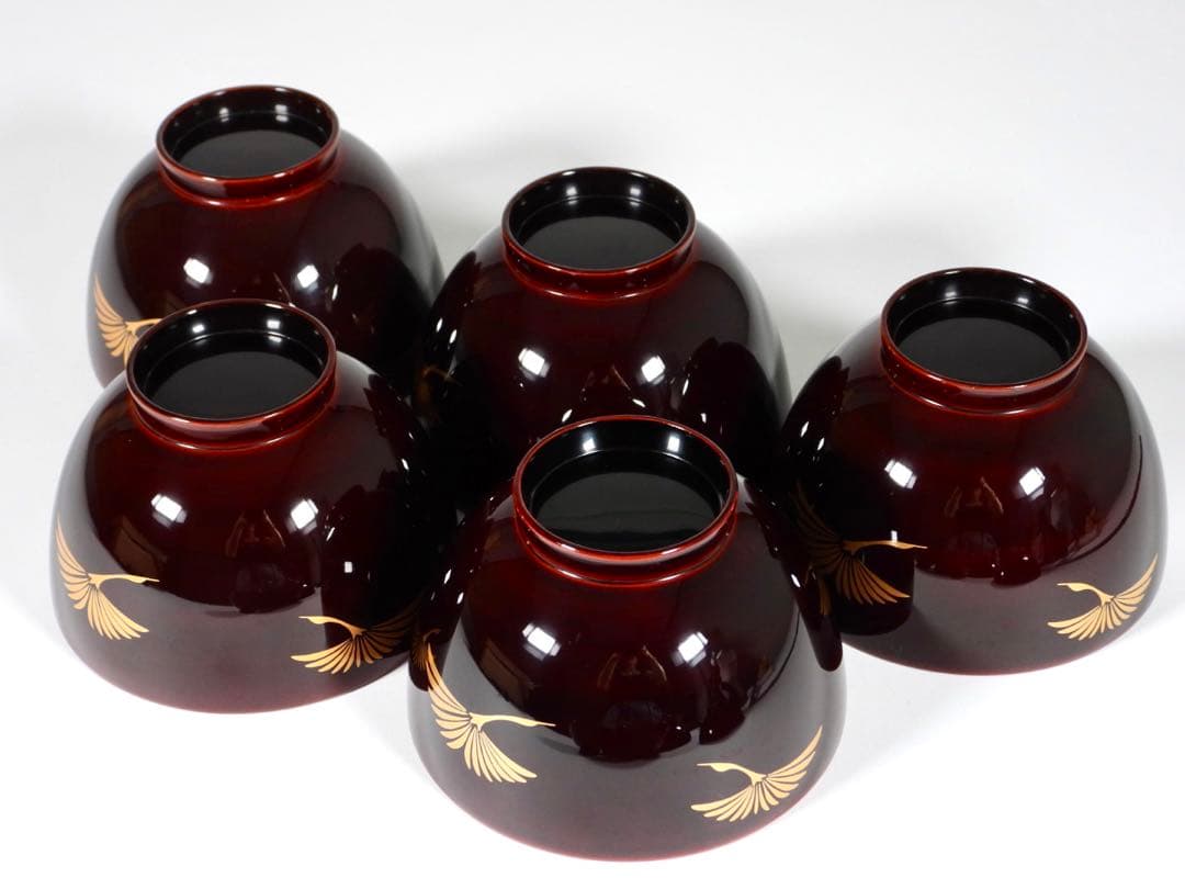 【らいおん】塗師 哲舟 蒔絵師 光峯 輪島屋本店造 輪島塗吸物椀 五客共箱