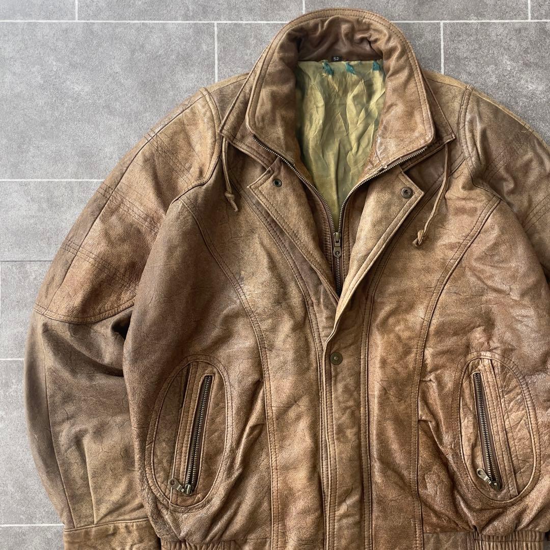 80s ヴィンテージ 本革 ダブルカラーレザージャケット ブラウン 52