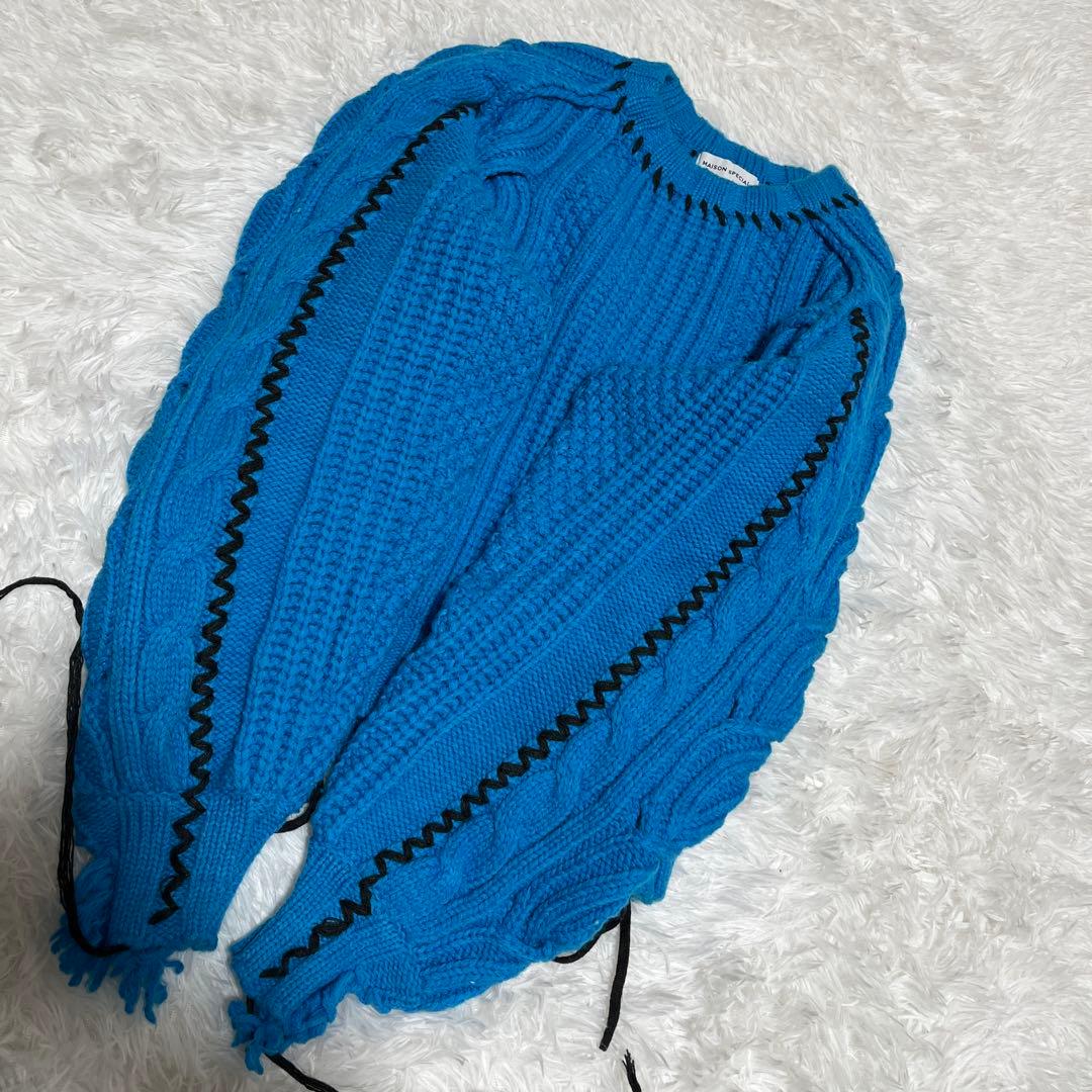 メゾンスペシャル ケーブルニット　ハンドステッチ　ブルー　ダメージ　メゾスペ　青