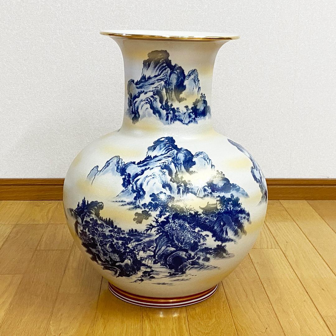 希少 九谷焼 陶勝作 大花瓶 山水風景図 金彩 大壺