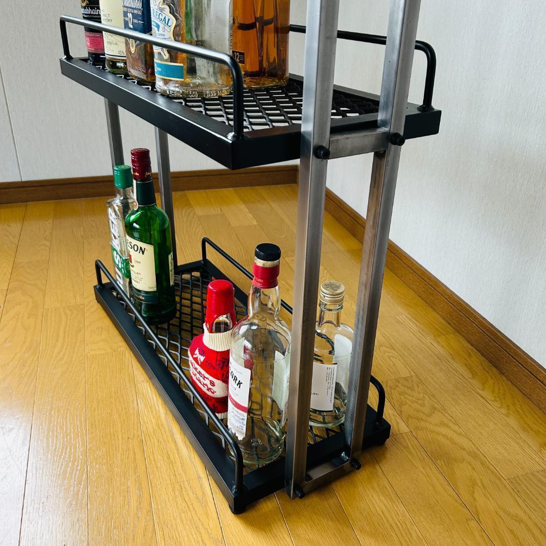 \"ウイスキーラック\"　スチールバーカート　3段　メッシュ棚　アイアン家具