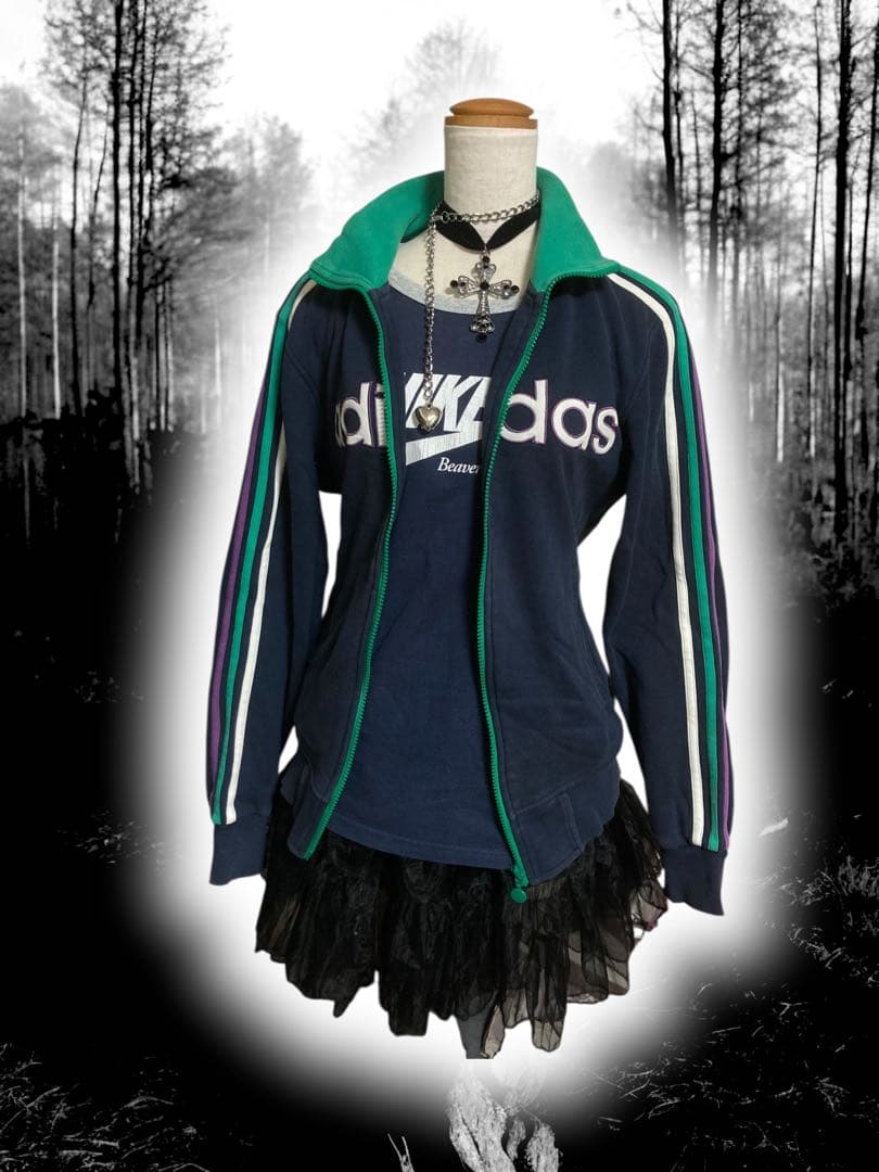 レアデザインadidas3本線 y2k綿トラックジャケットビックロゴグランジ平成