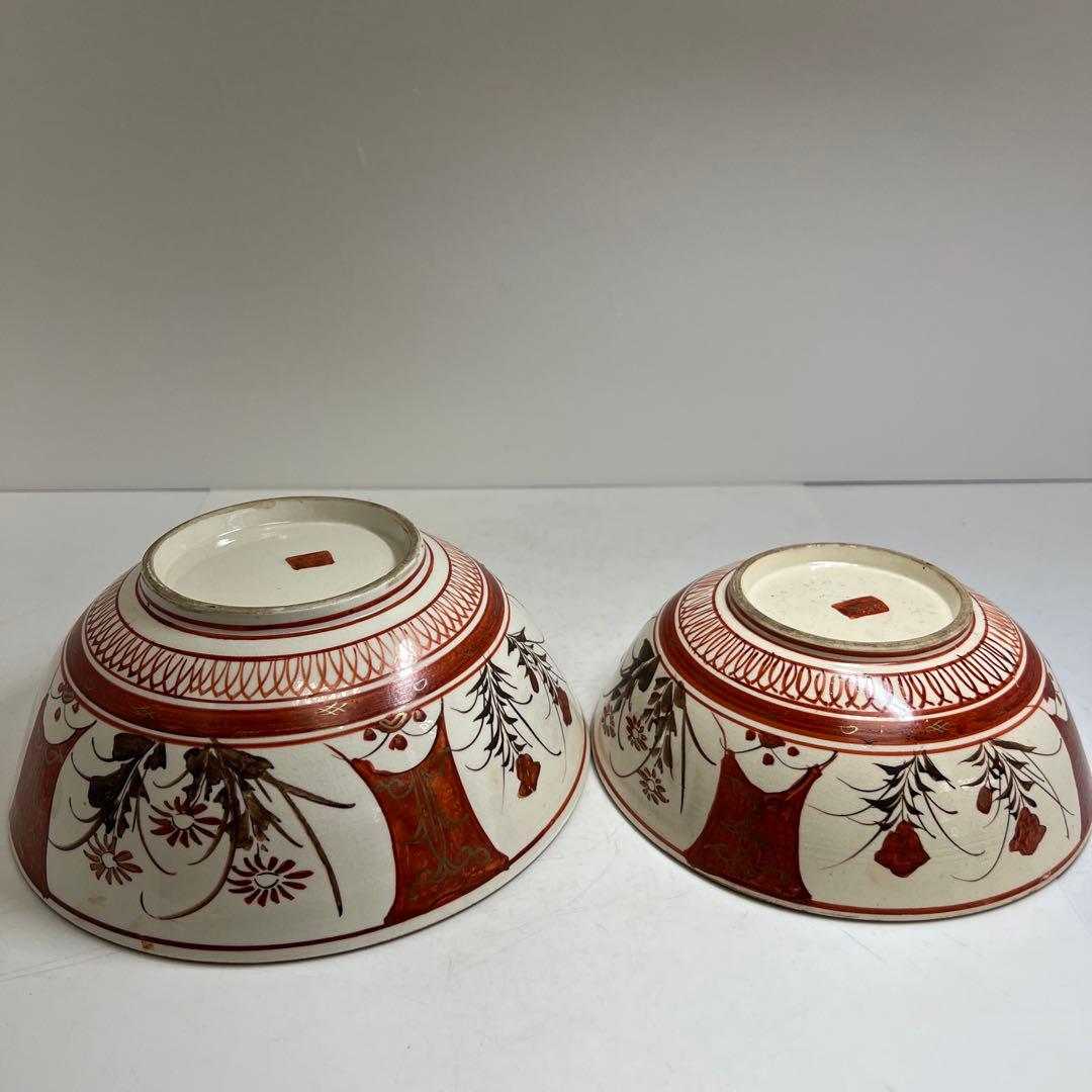 明治初期　九谷焼　赤絵人物画鉢大小　口径約21.5/18.5㎝東Y8-0123①