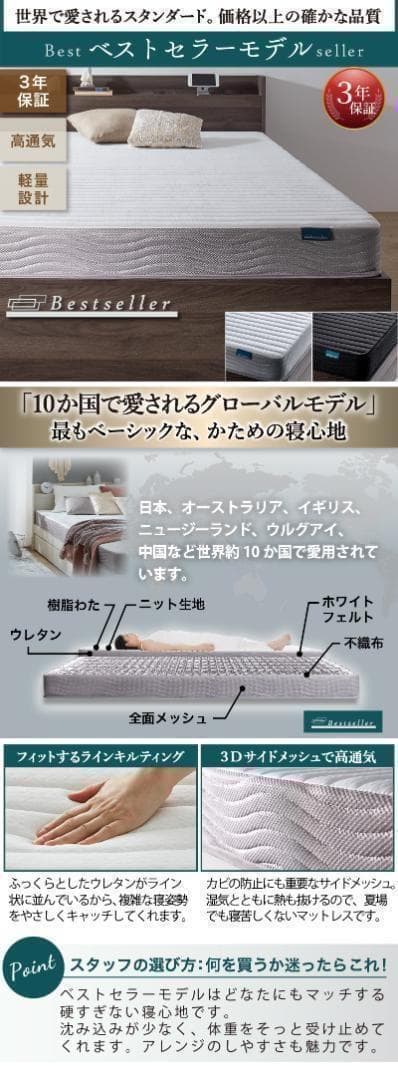 【honu】ダブルベッド マットレス付 棚 コンセント付 ホワイト