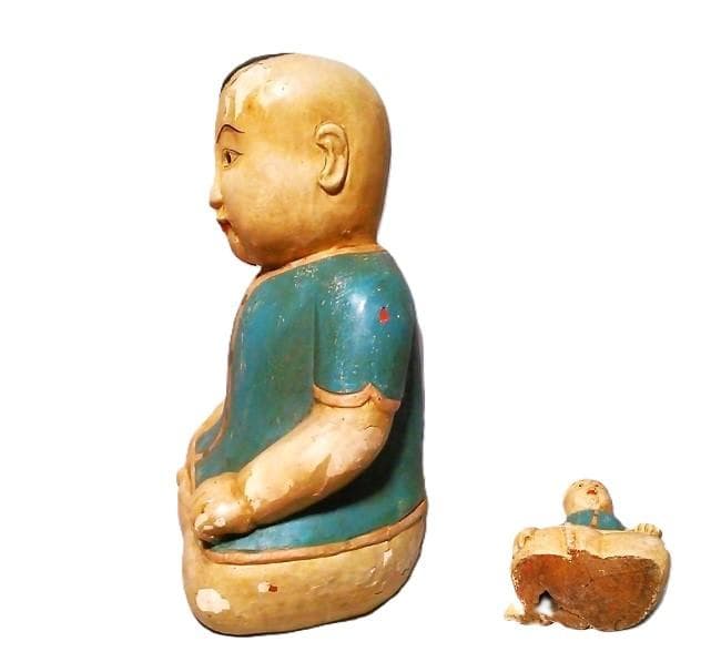 【 稀少大型　彩色唐子像 】　伝統彫刻　一木彫り