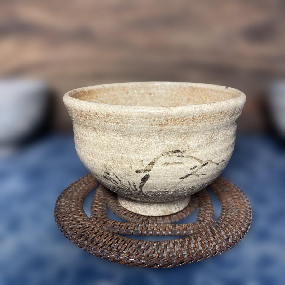 相馬焼馬絵茶碗　田代法橋？　茶道具 動物絵柄のベージュ陶器茶碗 中型