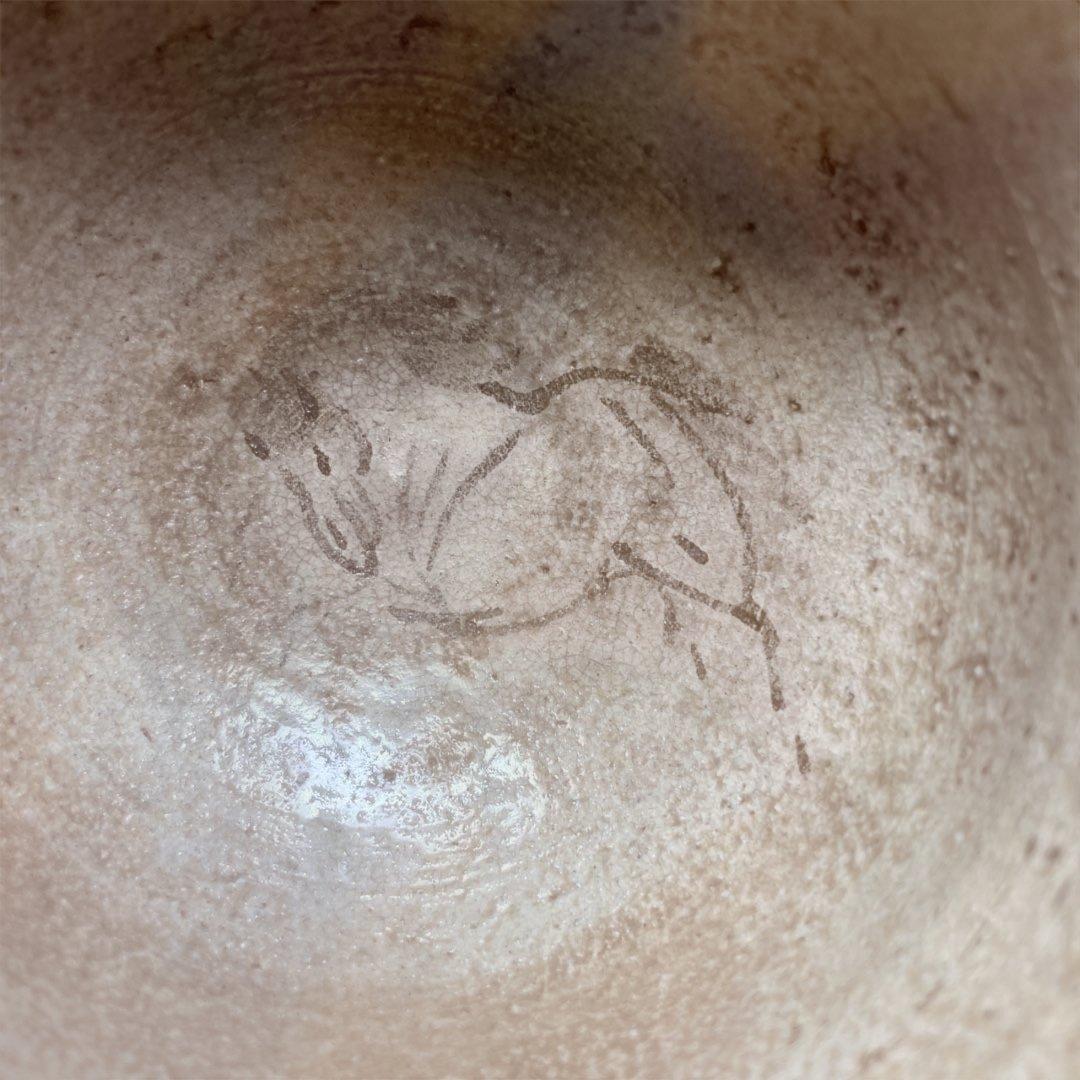 相馬焼馬絵茶碗　田代法橋？　茶道具 動物絵柄のベージュ陶器茶碗 中型