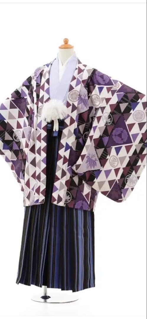 卒業式　小学生　袴　男子150cm 紫系幾何学模様着物セット 10歳〜13歳用
