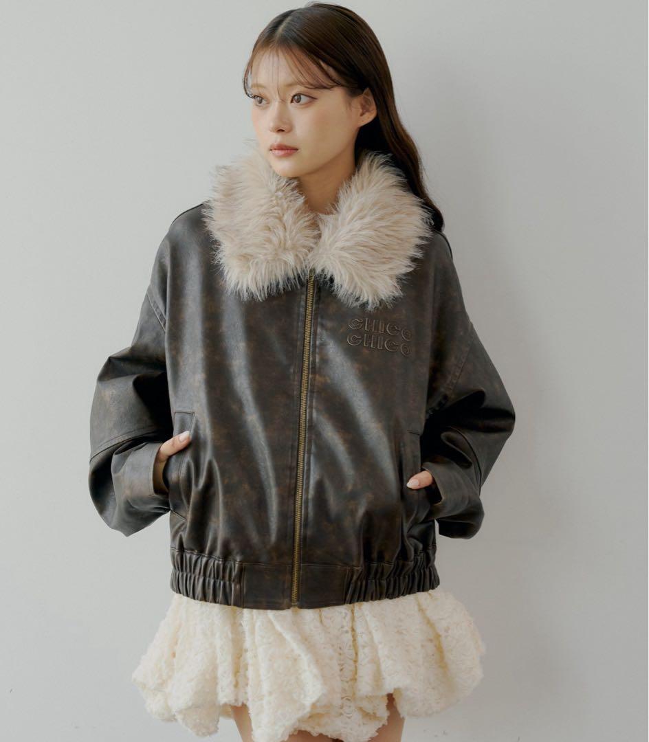 CHICO フェイクレザールーズジップブルゾン ブラウン