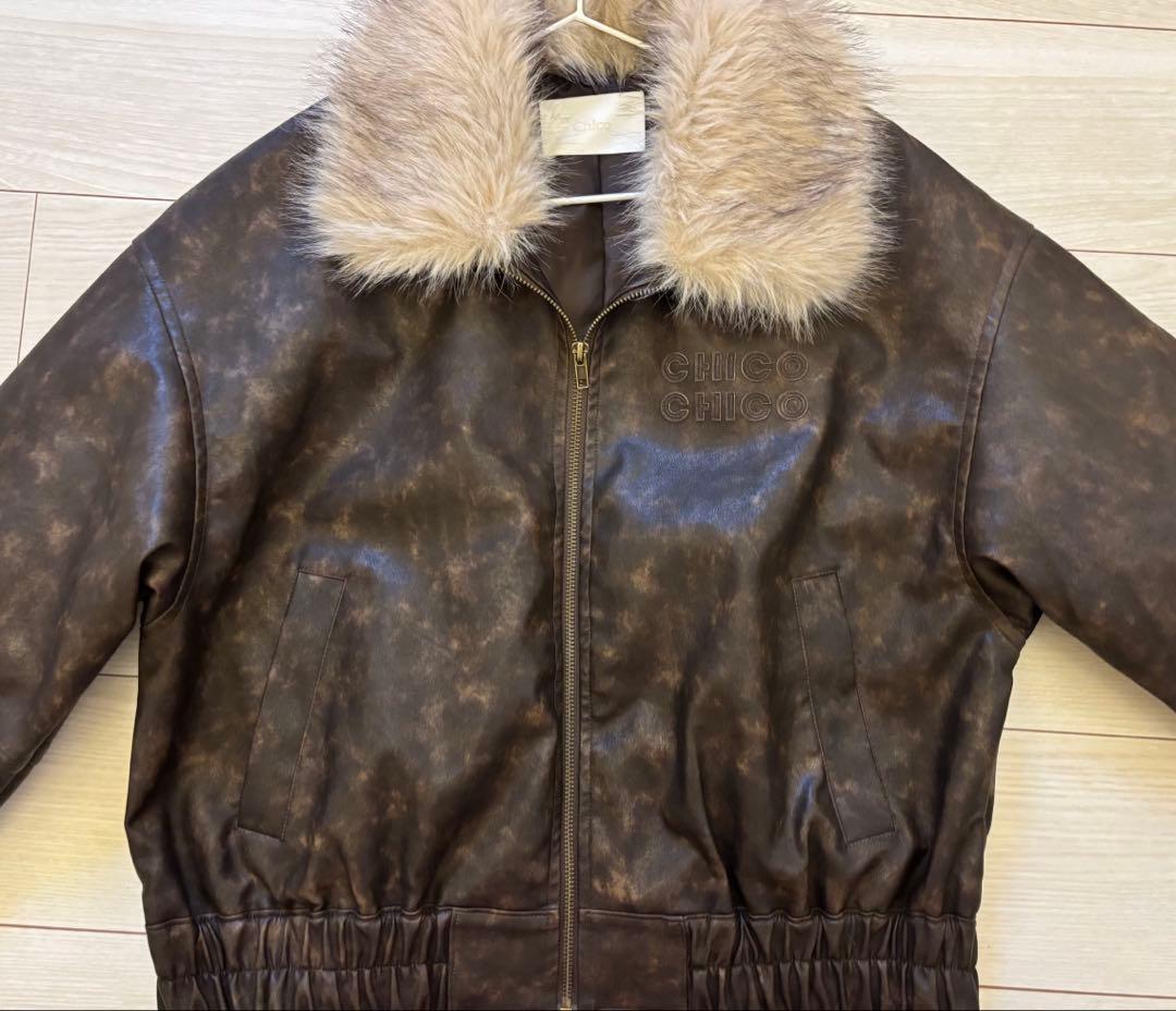 CHICO フェイクレザールーズジップブルゾン ブラウン