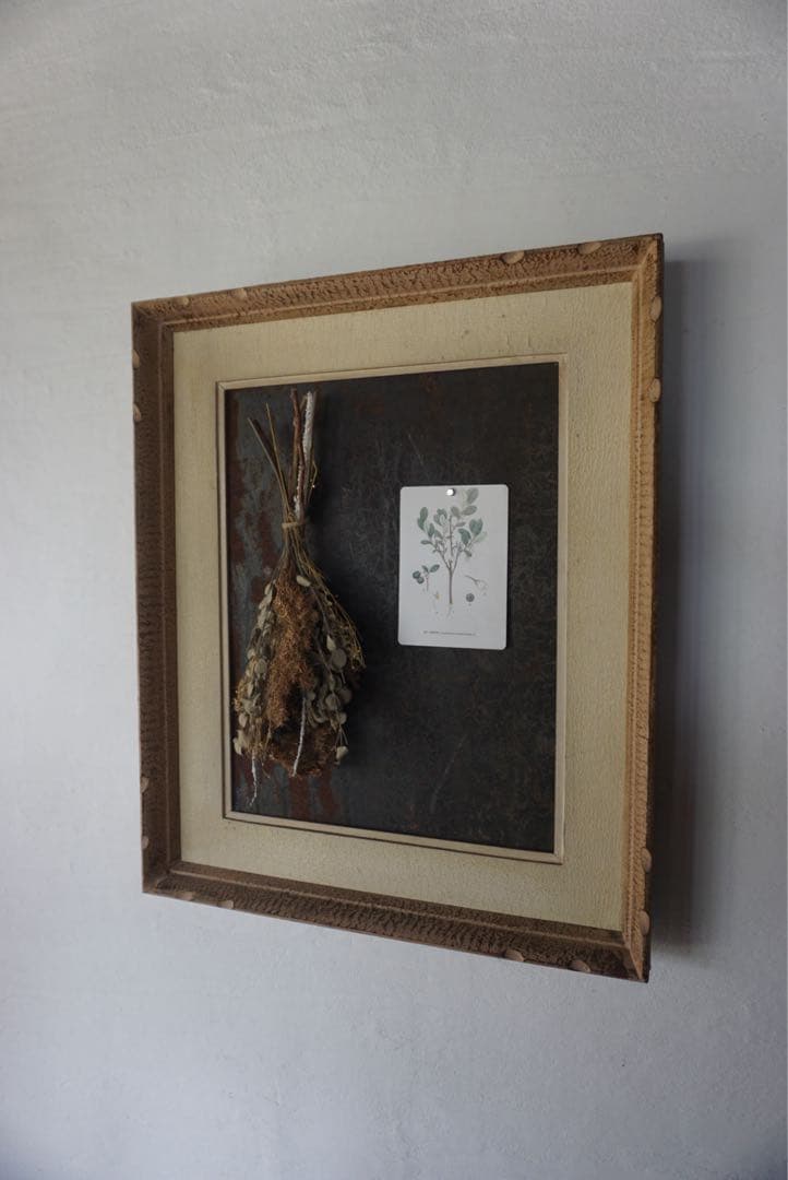 アンティークの木製フレームのブリキサインボード　看板　店舗什器　額縁　古道具