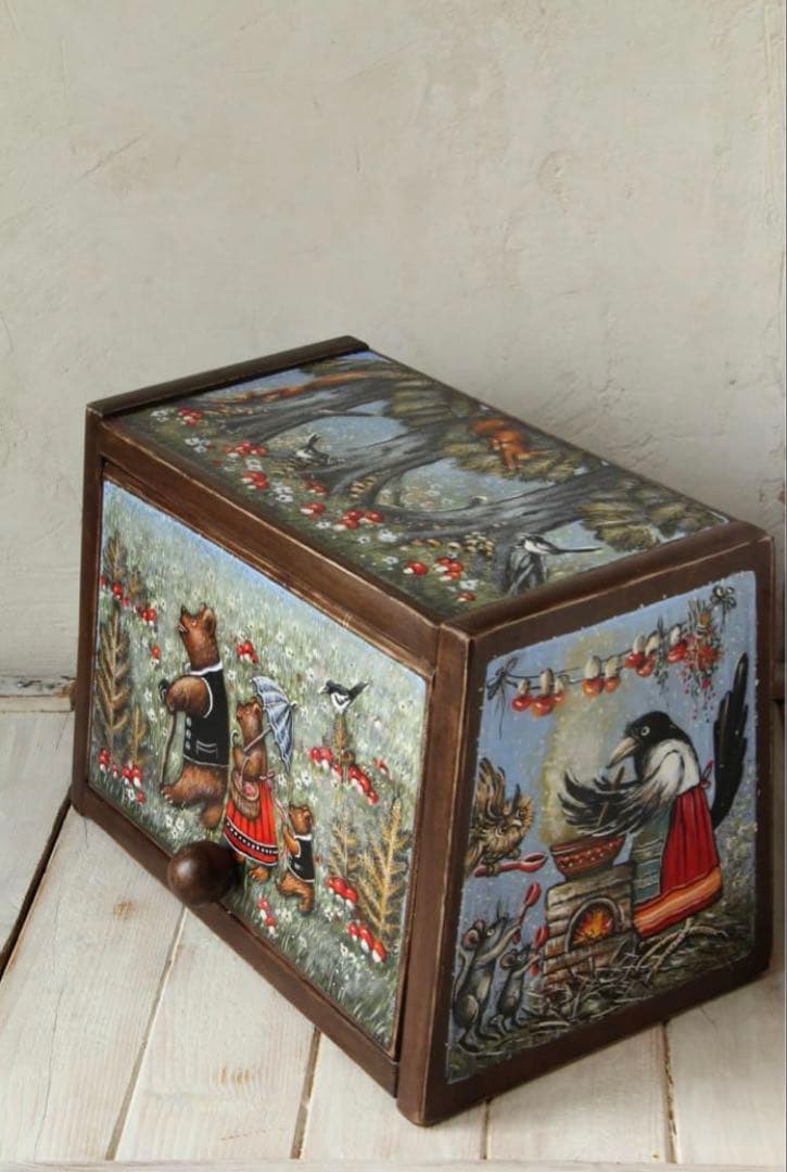 ＊訳ありロシア民話『3匹の熊&白腹カササギ&ウサギの家』木製収納箱マトリョーシカ