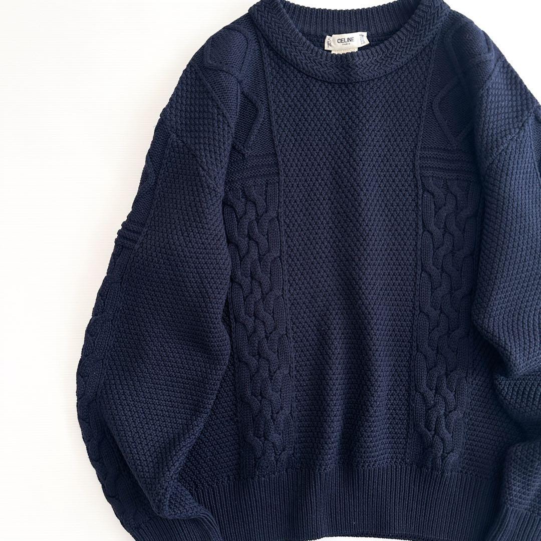 CELINE メリノウール ケーブルニット 紺 セーター 鹿の子編み ネイビー