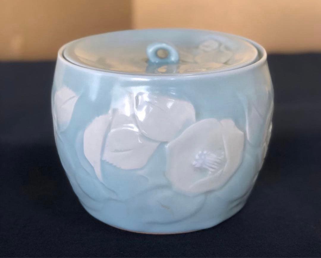 《R》妙高焼 青磁 椿文 水指 高井進 歴書 共布 共箱　260128く2