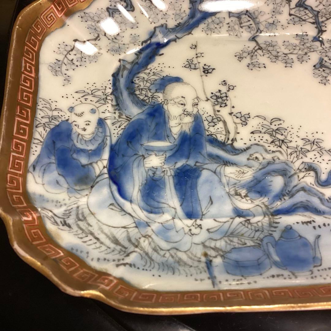 A913 古伊万里　染錦手　変形角皿　梅と文人紋様　　５枚