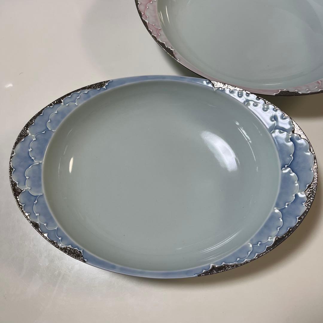 有田焼⭐︎文山窯⭐︎プラチナ牡丹⭐︎ブルー＆ピンク楕円皿（大）2客　カレー皿新品未使用