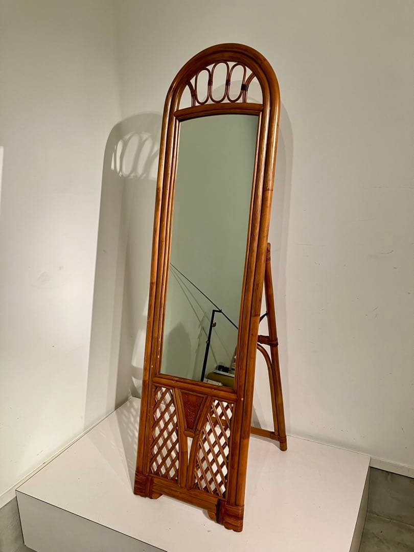 引取、オールド　ラタン　スタンドミラー、昭和レトロ、和モダン、鏡、姿見、