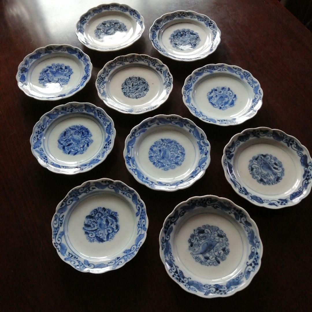 古伊万里　染付鶉紋皿　10枚　16cm　江戸後期～明治期