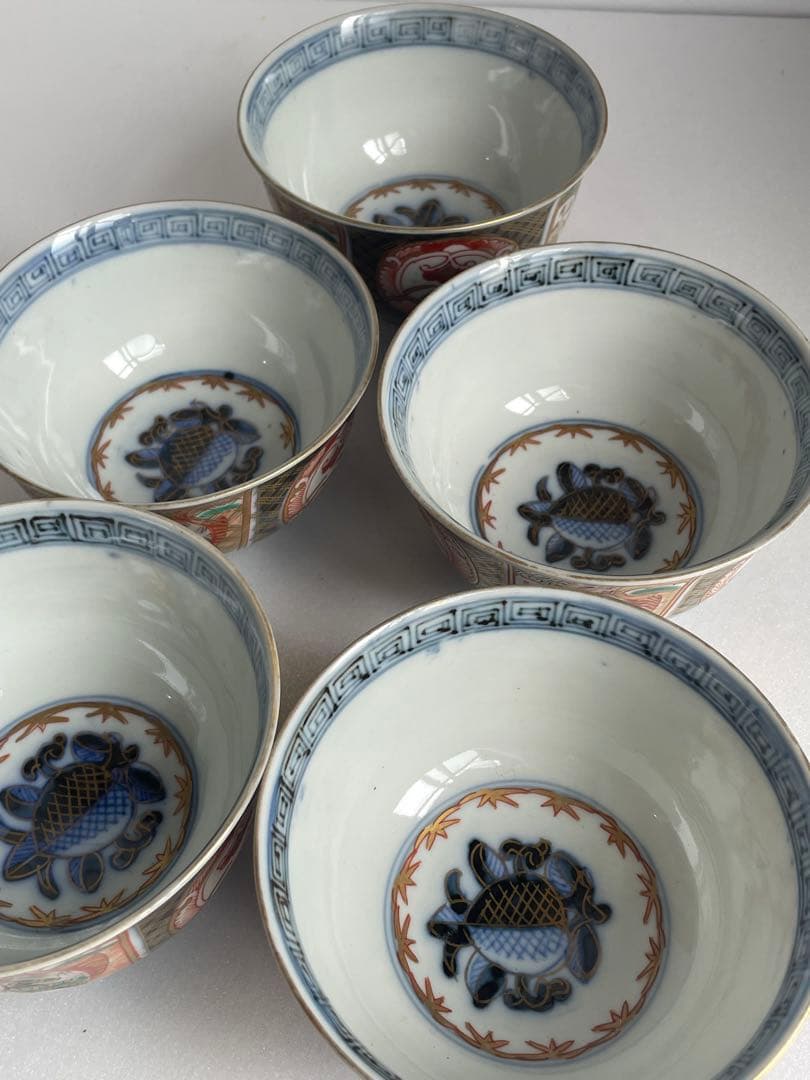 古伊万里 金蘭手柘榴図 蓋物 五客　お皿/蓋付き碗/茶碗/蓋付き/飯碗/お碗50