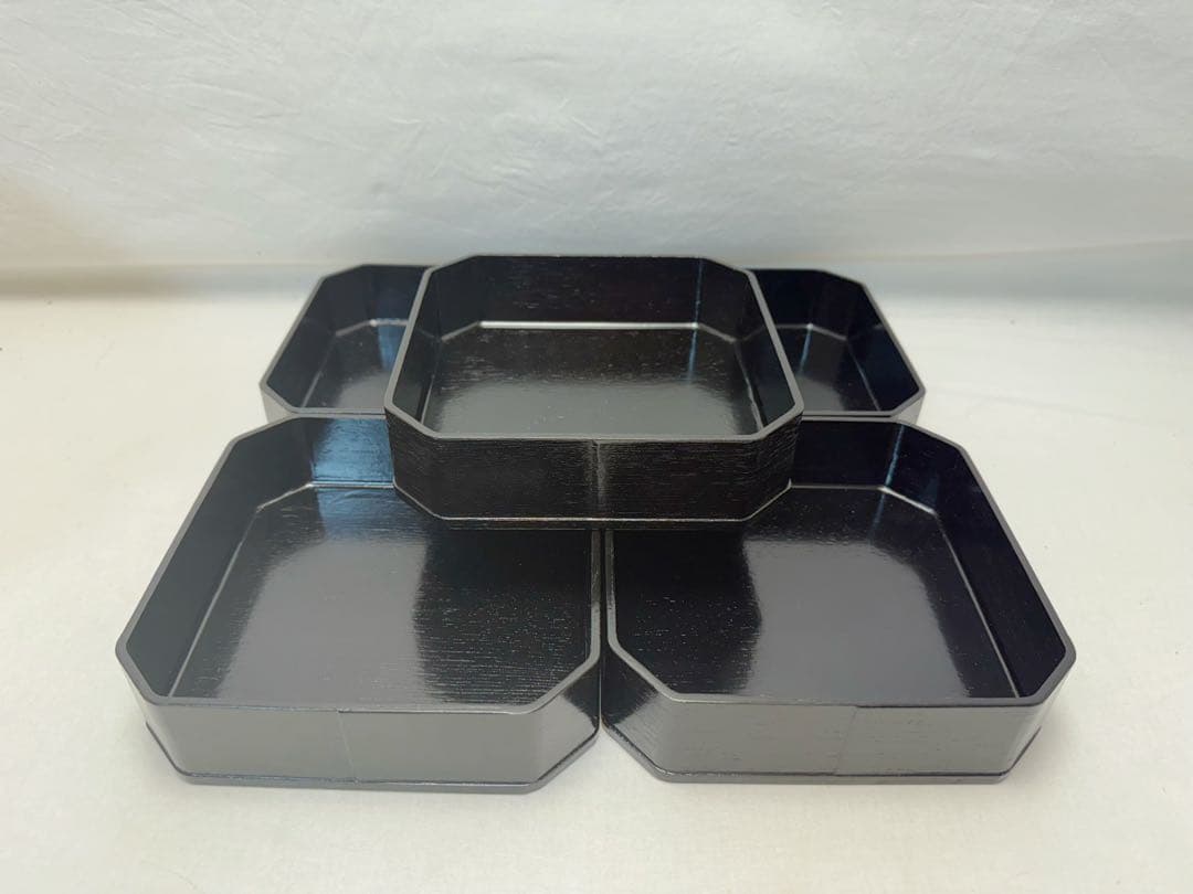 ほぼ未使用 茶道具 木製 柿合黒塗 5段縁高重 元箱